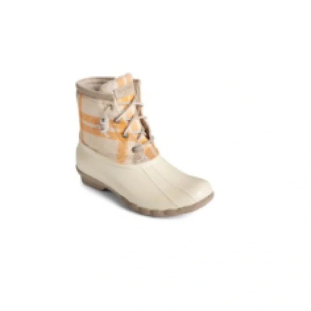 Sperry Ivory/Orange Wool Plaid Rubber Duck Boots Women's Size 8
